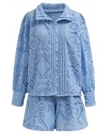 Ensemble chemise boutonnée et short en dentelle guipure bleu