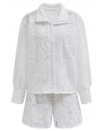 Ensemble chemise boutonnée et short en dentelle guipure blanche