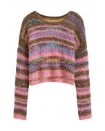 Pull en maille pointelle à rayures multicolores et franges en rose