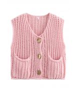 Gilet en tricot épais avec poches plaquées et boutons dorés audacieux en rose