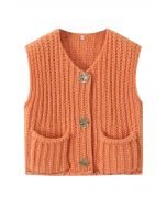 Gilet en tricot épais avec poches plaquées et boutons dorés audacieux en orange