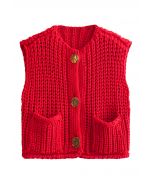 Gilet en tricot épais avec poches plaquées et boutons dorés audacieux en rouge