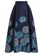 Jupe longue évasée en jacquard pivoine bleu nuit