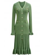 Robe en maille ajourée boutonnée à col en V et volants élégante en vert