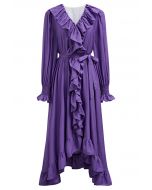 Robe mi-longue boutonnée asymétrique à volants fantaisistes en violet