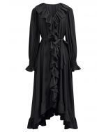 Robe mi-longue asymétrique à volants fantaisie boutonnée en noir