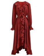 Robe mi-longue boutonnée asymétrique à volants fantaisistes en rouge