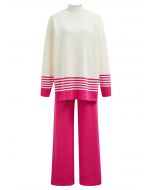 Ensemble pull et pantalon en tricot à col montant et rayures bicolores en rose