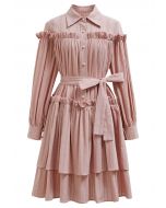 Robe Dolly à volants, à volants et à volants, avec ceinture et boutons, en rose