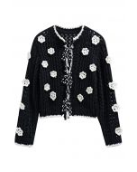 Cardigan tricoté à la main avec fermeture à nouer soi-même et motif floral