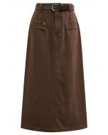 Jupe en jean Utility Chic avec ceinture et bordure de poche en marron