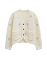 Cardigan en tricot gaufré à motif floral et point attachant en crème