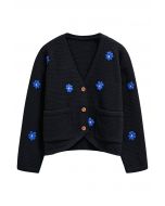 Cardigan en tricot gaufré à motif fleuri et point attachant en noir