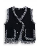 Gilet en tricot à double boutonnage avec bordure à franges en noir