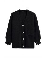 Cardigan boutonné décontracté à poches plaquées en noir