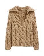 Pull en maille torsadée épaisse à col en V en beige