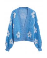 Cardigan en tricot duveteux à fleurs mignonnes en bleu