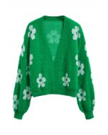 Cardigan en tricot pelucheux à fleurs mignonnes en vert