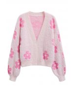 Cardigan en tricot pelucheux à fleurs mignonnes en rose