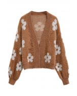 Cardigan en tricot duveteux à fleurs mignonnes en caramel