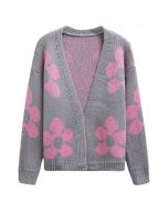 Grand cardigan ouvert en tricot à motif floral en gris