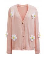 Joli cardigan boutonné en tricot à fleurs 3D en rose clair