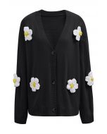 Joli cardigan boutonné en tricot à fleurs 3D en noir