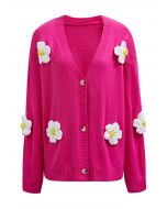 Joli cardigan boutonné en tricot à fleurs 3D en magenta