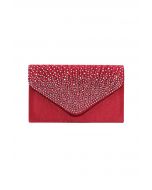 Sac enveloppe en satin orné de strass en rouge