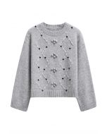 Pull en maille côtelée à pompons et à motifs floraux en gris