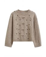 Pull côtelé à pompons et à motifs floraux en losanges taupe