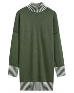 Robe pull en tricot à rayures contrastées et col montant en vert