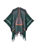 Poncho à ourlet frangé à motif géométrique en vert foncé