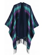 Poncho classique à ourlet frangé en tartan bleu sarcelle