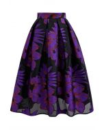 Jupe mi-longue plissée en organza et jacquard fleuri séduisant en violet