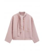 Manteau en tricot à boutons dorés amovibles et col noué en rose