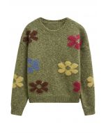 Pull en tricot pelucheux à motifs floraux multicolores en vert mousse