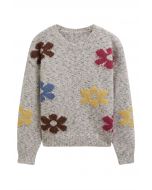 Pull en tricot pelucheux à motif floral multicolore en flocons d'avoine