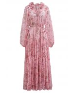 Robe mi-longue en mousseline de soie à nouer et à fleurs en rose