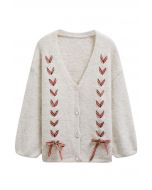 Cardigan en tricot pelucheux à lacets et ruban vichy en flocons d'avoine