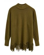 Pull en tricot à épaules tombantes et ourlet à franges asymétriques en olive