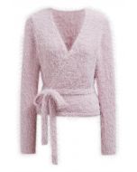 Haut en tricot pelucheux à col en V et taille nouée en rose clair