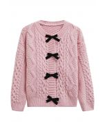 Cardigan en tricot tressé à boutons-pression et nœud papillon en rose