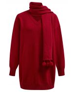 Robe pull en tricot rouge confortable à épaules tombantes avec écharpe à pompons