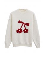 Ravissant pull en tricot à épaules tombantes avec nœud papillon et cerises