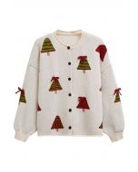 Cardigan boutonné en tricot avec nœud papillon 3D et motif sapin de Noël en flocons d'avoine