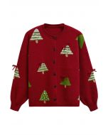 Cardigan boutonné en tricot avec nœud papillon 3D et motif sapin de Noël en rouge