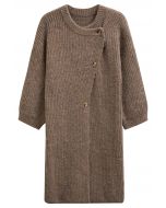 Cardigan long en tricot boutonné asymétrique enveloppé de chaleur en marron