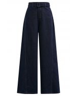 Jean large taille haute classique avec ceinture en bleu marine