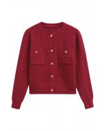 Embossed Dots Patch Pocket Buttoned Knit Cardigan in Red